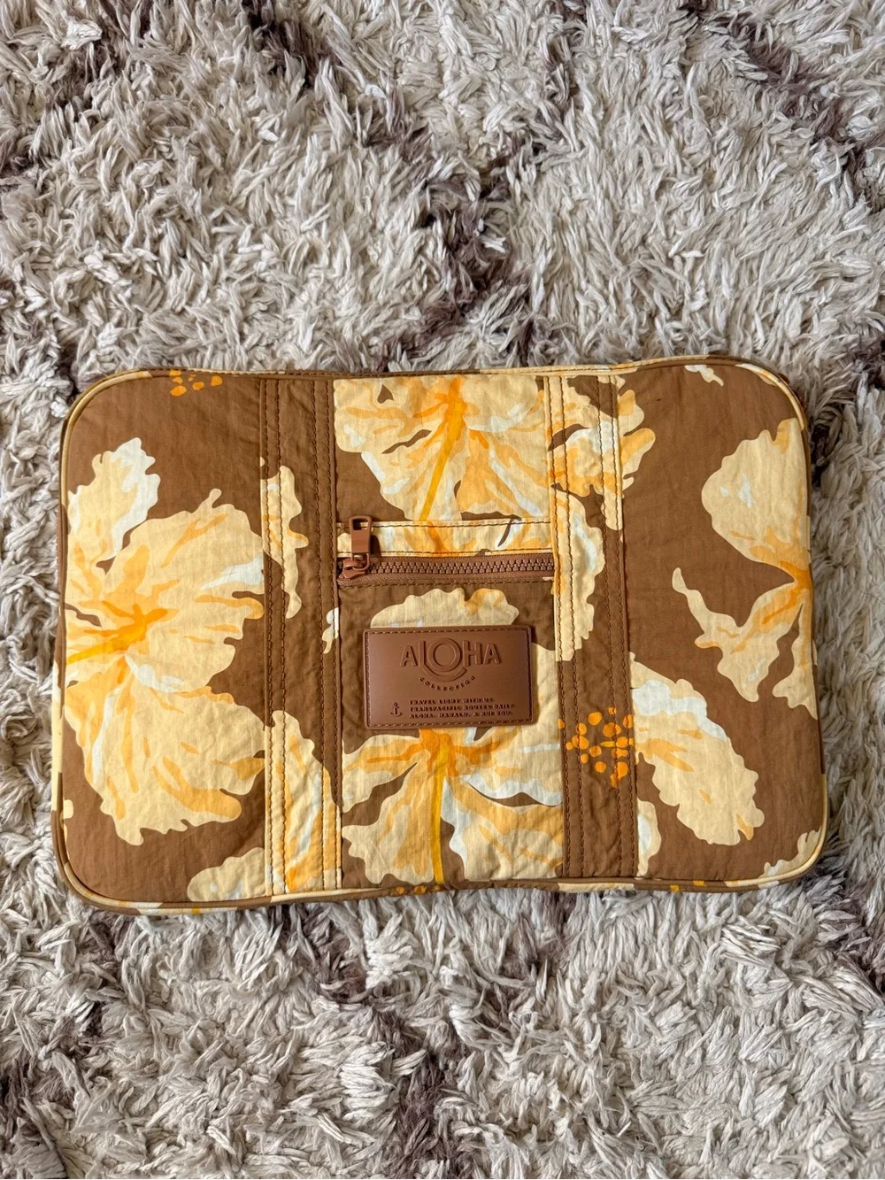 ALOHA Collection Brown Floral Quilted Pouch with Cream and Yellow Hibiscus